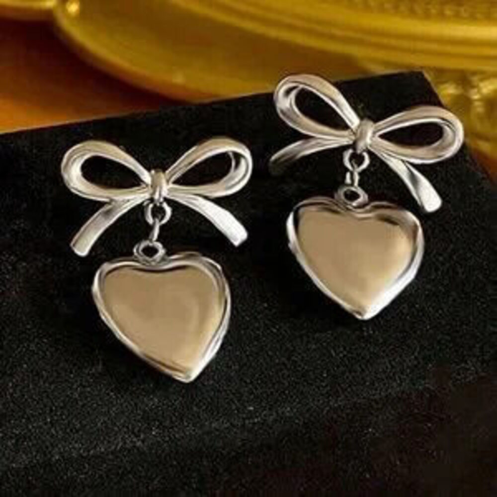 Luxe Silver Tone Heart Bow Drop Earrings